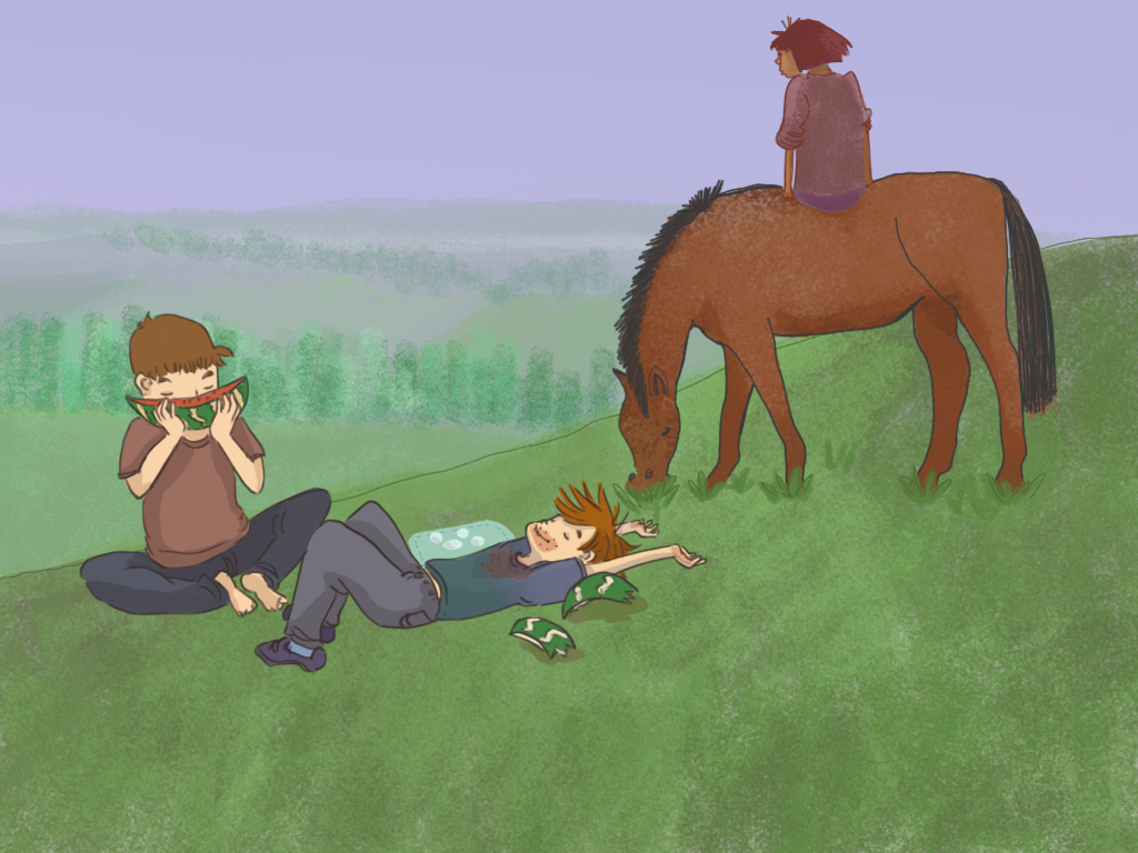 Javier, Papelucho y Chirigüe están en un paseo por el campo. Javier come sandía, Papelucho descanza tendido en el pasto y Chirigüe está sobre un caballo.