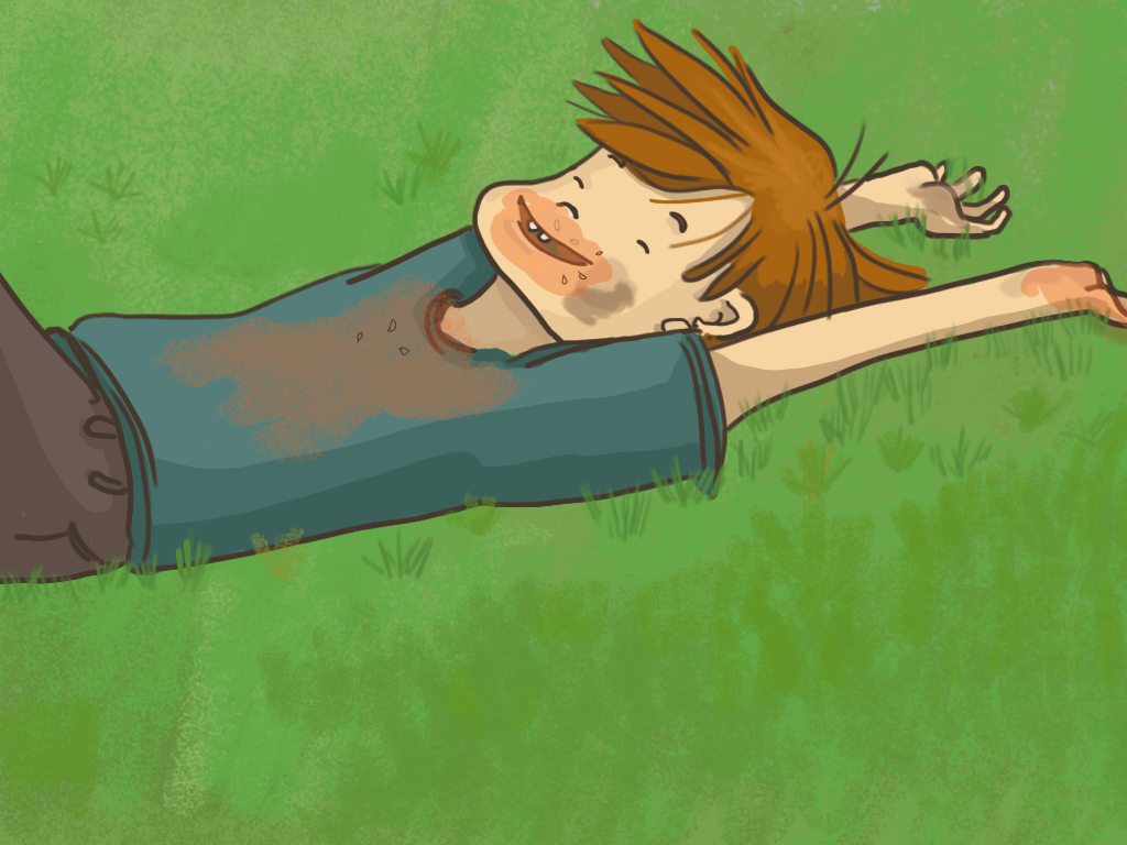 Papelucho, acostado sobre el pasto, está sonriendo. Está lleno de jugo de sandía por todos lados.