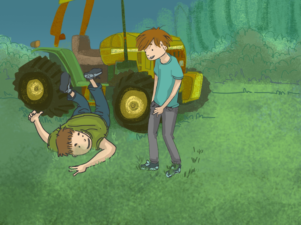 Javier está en el suelo al lado de un tractor. Papelucho está cerca de él.