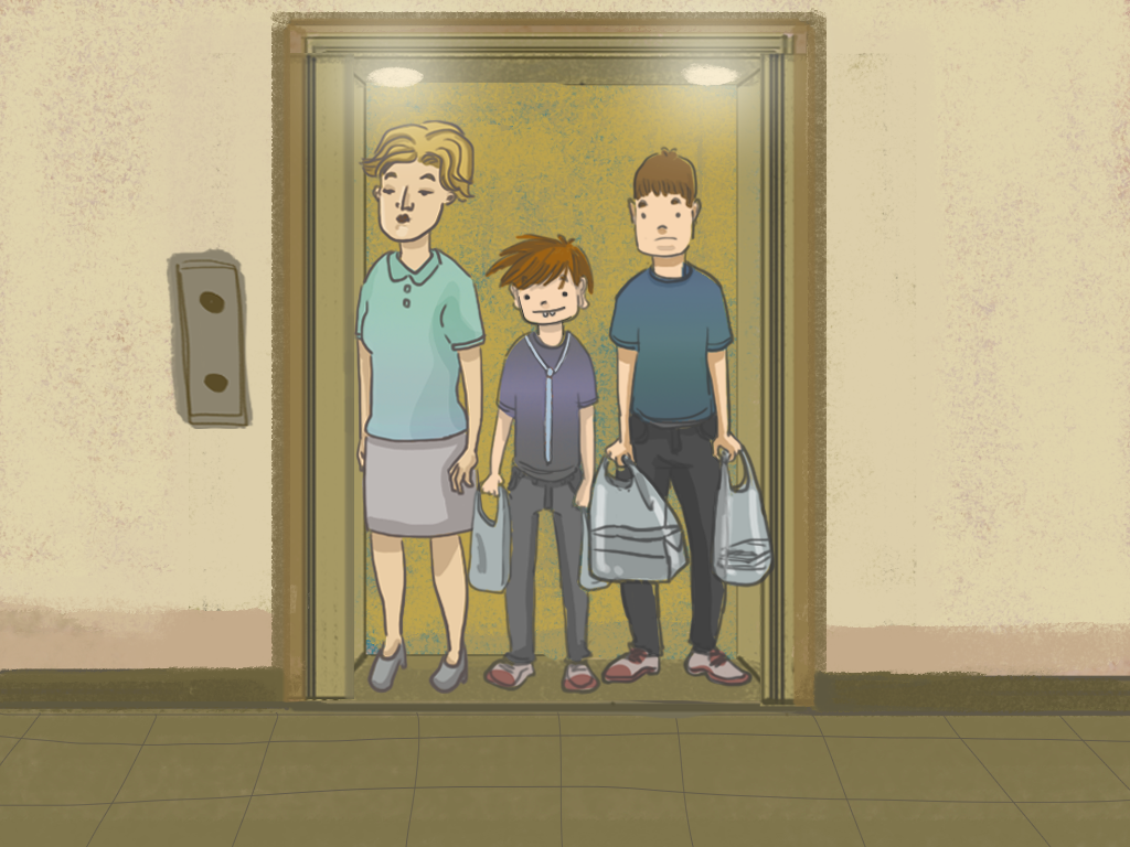 Papelucho está en el ascensor del edificio con sus papás.