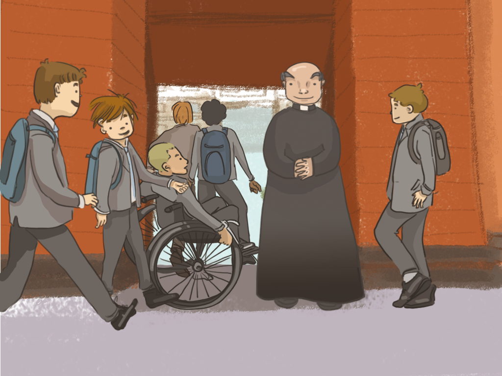 Papelucho está entrando al internado junto a otros niños mientras los recibe el Padre Carlos.