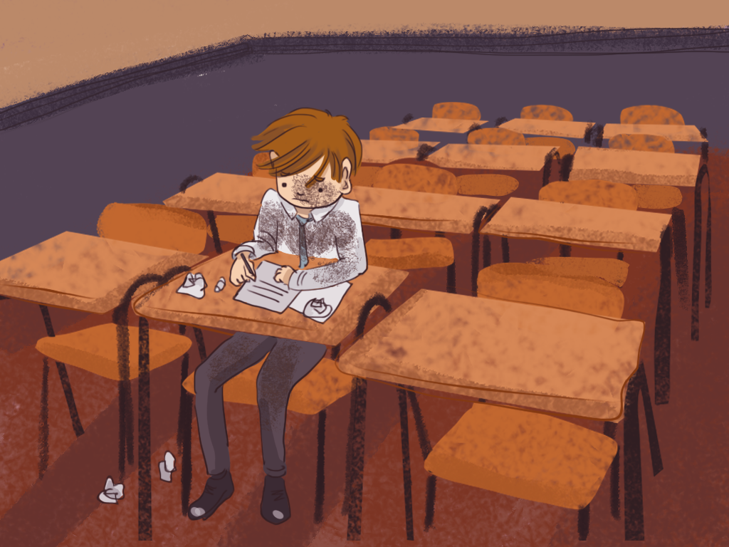 Papelucho está sentado en un banco de una sala de clases mientras escribe en un papel.