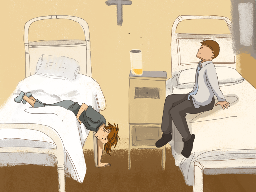 Papelucho está recostado hacia abajo en la cama de la enfermería. Se apoya en el suelo con su brazo mientras Gómez está sentado en otra cama.