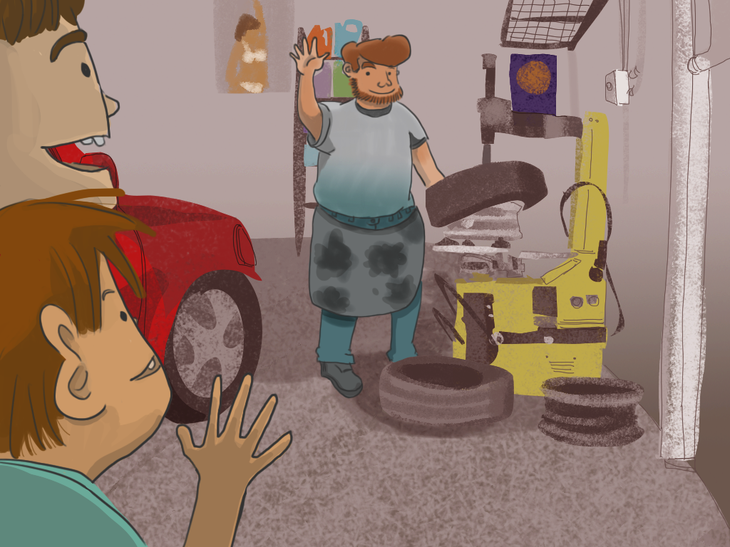Javier y su hermano saludan a un mécanico en su taller.