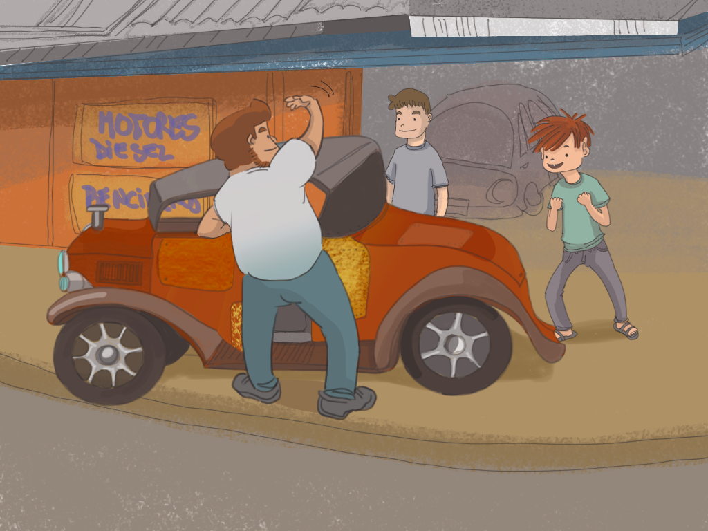 Buzeta se sube al auto frente a su taller. Invita con la mano a Javier y Papelucho.