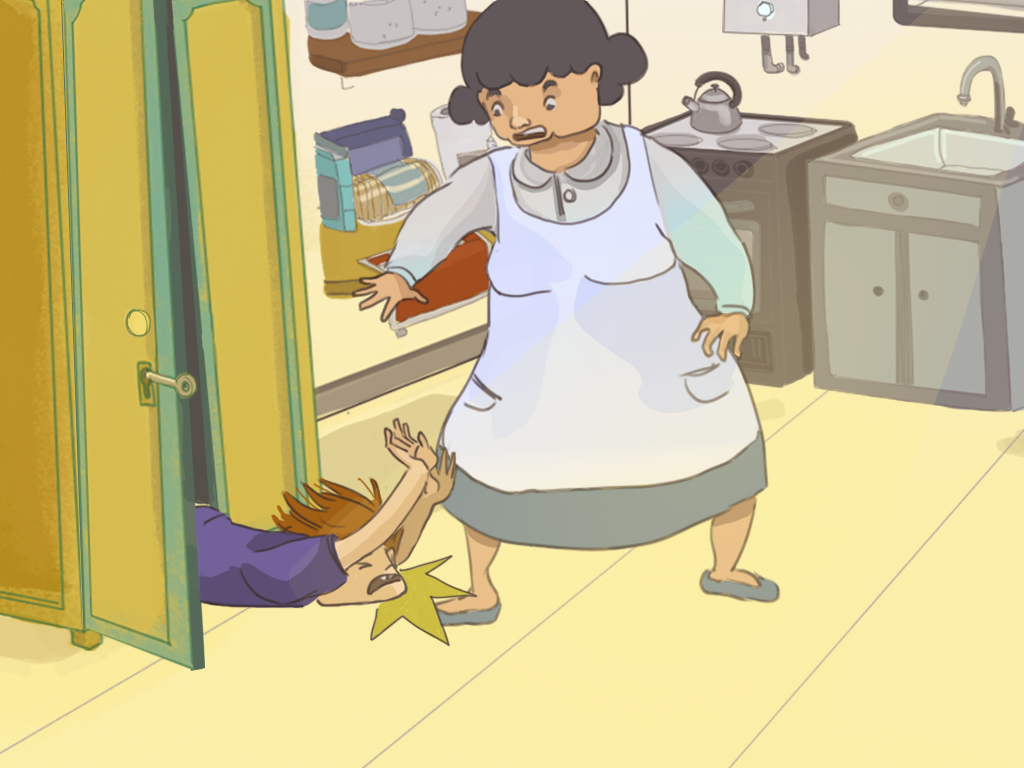 En la cocina, Domitila abre el mueble y Papelucho se cae, pegándose contra el suelo.
